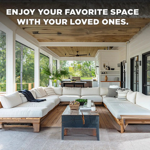 Outdoor patio with sectional sofa set, showcasing heavy duty fiberglass window screen mesh roll on windows and doors.