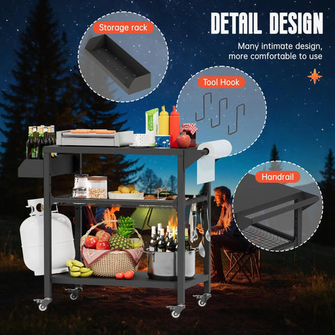 All Weather Outdoor Grill Table On Wheels For Patio Garden And Camping Heavy Duty Movable BBQ Prep Cart with shelves