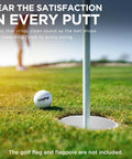 Close-up of golf ball near Golf Hole Cup Set 4 Inch Tall, PGA USGA Standard, 6 Pack, on backyard putting green