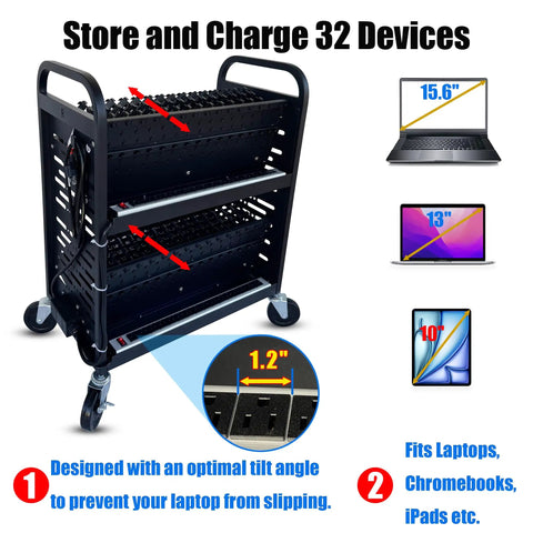 Slick 32 Device Laptop Charging Cart With Built In Surge Protection for 32 devices, mobile, heavy-duty design with wheels.