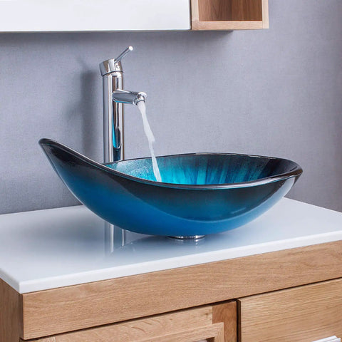Blue Tempered Glass Vessel Sink With Faucet And Drain Above Counter Bathroom Upgrade Water Drop Style Chrome Finish Premium Modern Glass Sink Combo For Easy Install And Statement Look.