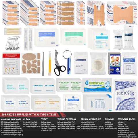 First-aid kit with 263-piece supplies including bandages, dressings, wipes and essentials