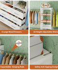 Two Set Closet System With 6 Drawers, 8 Expandable Hanging Rods And Adjustable Shelves, Modular Wood Organizer Tower For Walk In Closets, Custom 5 To 14 Ft Closet Organizer White Finish