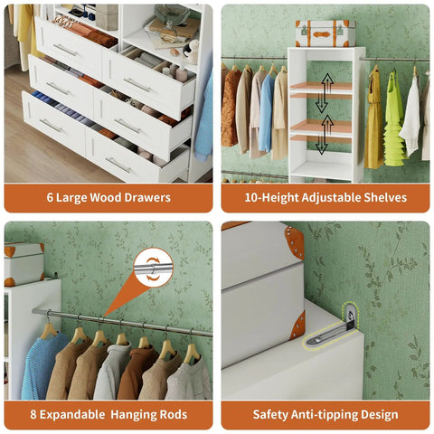 Two Set Closet System With 6 Drawers, 8 Expandable Hanging Rods And Adjustable Shelves, Modular Wood Organizer Tower For Walk In Closets, Custom 5 To 14 Ft Closet Organizer White Finish
