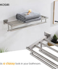 20 Inch Towel Rail And Shelf With Double Towel Bars For Bathroom Wall Mounted Towel Rack In SUS 304 Stainless Steel With Brushed Nickel Finish Rustproof And Durable Shower Organizer, installed on wall with towels.