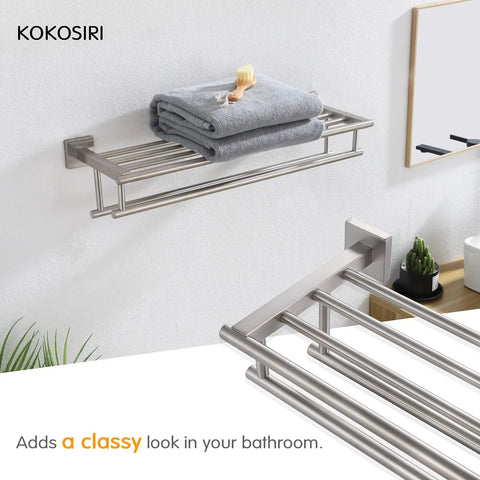 20 Inch Towel Rail And Shelf With Double Towel Bars For Bathroom Wall Mounted Towel Rack In SUS 304 Stainless Steel With Brushed Nickel Finish Rustproof And Durable Shower Organizer, installed on wall with towels.