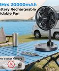 Foldable 10 Inch Oscillating Fan With 20000mAh Battery All In One Remote And Timer Height Adjustable Portable Standing Fan For Camping RV Picnic Home Office And Outdoor Use Quiet USB Output on blue table at campsite