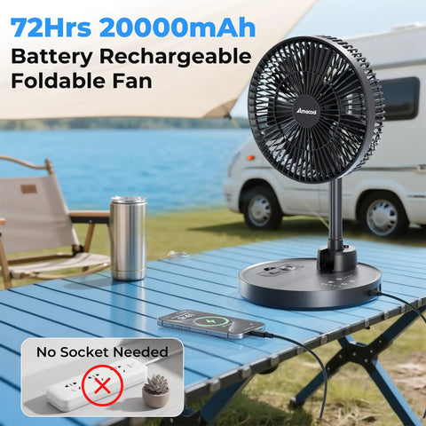 Foldable 10 Inch Oscillating Fan With 20000mAh Battery All In One Remote And Timer Height Adjustable Portable Standing Fan For Camping RV Picnic Home Office And Outdoor Use Quiet USB Output on blue table at campsite