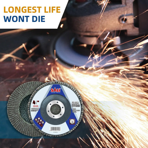 Premium Ten Pack 40 Grit Flap Disc For Angle Grinder 4.5 Inch By 7/8 Arbor Bevel Type 29 Premium Zirconia Grain in use with sparks flying.