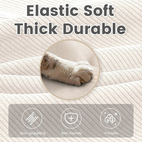 Close-up of corduroy material texture, emphasizing softness and durability with a cat's paw, for Oversized Modular Sectional Sofa With Movable Ottoman 112 Inch Four Seat L Shaped Corduroy Couch In Beige Convertible Living Room And Home Office Setup.