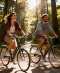 Couple enjoying a ride through a forest, showcasing the use of All Weather Road Bike Caliper Brake Pads 4 Piece Set For Quiet Braking With Mud Drain Slots Fits Most C Type Caliper Systems 1.77 Inch Pads For Aluminum And Steel Rims Ideal For Commuting And Leisure on blue bikes.