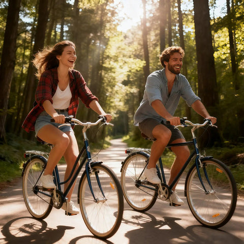 Couple enjoying a ride through a forest, showcasing the use of All Weather Road Bike Caliper Brake Pads 4 Piece Set For Quiet Braking With Mud Drain Slots Fits Most C Type Caliper Systems 1.77 Inch Pads For Aluminum And Steel Rims Ideal For Commuting And Leisure on blue bikes.