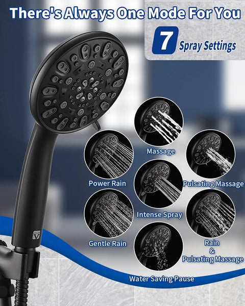 Handheld Shower Head With Beast Mode High Pressure And Seven Spray Settings, 59 Inch Stainless Steel Hose, Adjustable Mount.