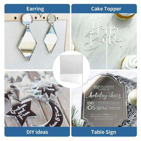 5-pack silver mirrored acrylic sheets, 12x12 in, 1/8 in thick; collage of earrings, cake toppers, and DIY signs.