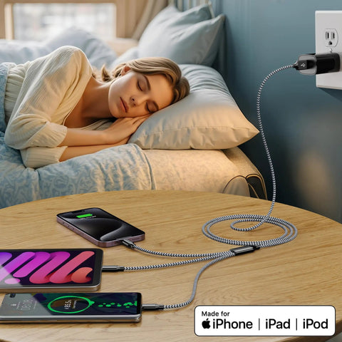 Three Pack Four Foot Three In One USB Charging Cable Set MFi Certified Fast Charge For Lightning USB C And Micro USB Multi Charging Cord Durable Nylon Braided Great For Travel On The Go Must Have, braided cable charging phones