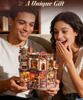 Two people admiring Dream Coffee Factory Mechanical 3D Wooden Puzzle Kit With Moving LED Lights for Adults, detailed coffee shop scene.