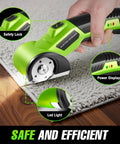 4V Cordless Electric Scissors With 2600mAh Battery, Rechargeable Box Cutter For Cardboard, Fabric, Plastic, Leather & Cloth, Safety Lock, Led Light, Dual Blades Perfect For Diy Crafts & Moving, showcasing features like safety lock and power display.