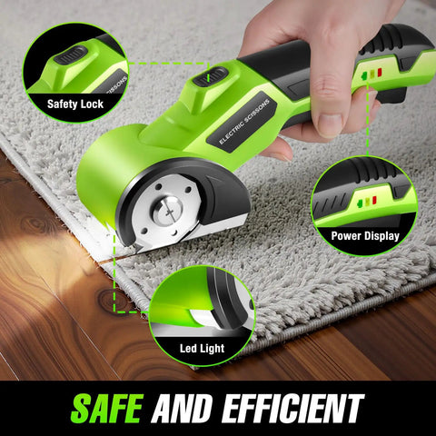 4V Cordless Electric Scissors With 2600mAh Battery, Rechargeable Box Cutter For Cardboard, Fabric, Plastic, Leather & Cloth, Safety Lock, Led Light, Dual Blades Perfect For Diy Crafts & Moving, showcasing features like safety lock and power display.