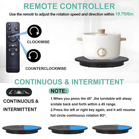 Remote controller for the Massive 52cm Motorized Rotating Turntable For Product Photography with settings for rotation.