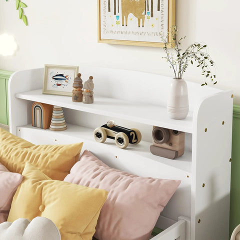 Close-up of white finish Pine Wood Bed With Bookcase Headboard And LED Motion Sensor Light Built In Guardrails