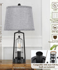 Rustic Industrial Table Lamp in black with gray lampshade, USB ports, modern farmhouse vibe, 2 Pack, bedside nightstand reading light