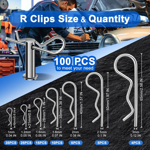 Front view of stainless steel cotter pins and R-clips set in 13 sizes for automotive/trailer use (220 pcs)