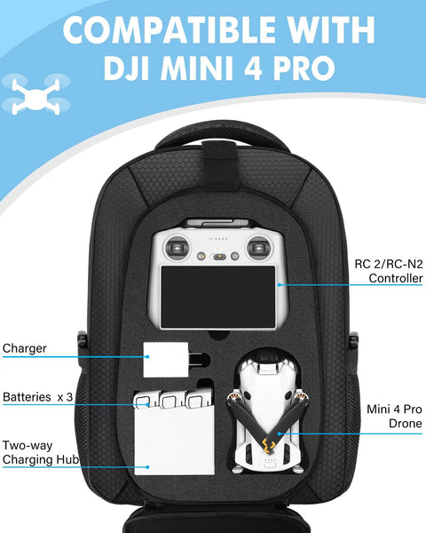 Waterproof Hard Case For DJI Mini 4 Pro And Mini 3 Pro showing drone storage with RC controllers and accessory slots.