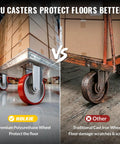 Heavy Duty Five Inch Industrial Grade Caster Wheels With Total Locking Brakes Smooth Rolling set; one set demonstrates polyurethane wheels vs. cast iron wheels.