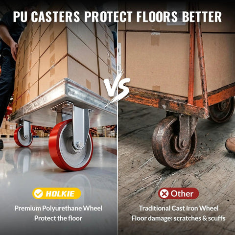 Heavy Duty Five Inch Industrial Grade Caster Wheels With Total Locking Brakes Smooth Rolling set; one set demonstrates polyurethane wheels vs. cast iron wheels.