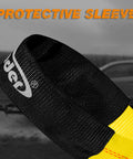 Close-up of black sleeve on 4 Pack 2 Inch By 36 Inch Premium Axle Straps With D Ring Adjustable Tire And Wheel Tie Downs