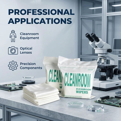 Top Shelf Pro Microfiber Cleanroom Wipers Slick Streak Free Dustless Cloth For Camera Optics Gadgets And Precision Equipment Lint Free Tight Sealed Pack on laboratory table with microscope and cleanroom wipes.