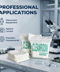 Top Shelf Four Inch Cleanroom Wipes Lint Free Microfiber Cloths on a workbench with cleanroom equipment and circuit boards.