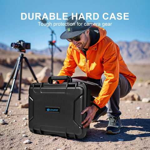Man holding Waterproof Hard Case With Padded Dividers For Drones And Cameras Fits DJI Mavic 4 Pro Air 3S Mini 5 Pro 4 3 And Compatible Sony Canon Nikon Gear And Accessories Black outdoors.