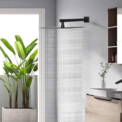16 Inch Matte Black Stainless Steel Shower Arm Extension With Flange And Teflon Tape, Rust Resistant, installed in bathroom