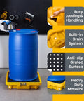 Single Drum Spill Containment Workstation For 55 Gallon Drum Low Profile Spill Pallet With Drain 26 By 26 By 7 Inches HDPE Yellow Platform