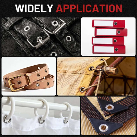Collage showing diverse uses of 3/8-Inch Grommet Kit With Handheld Eyelet Pliers, on belts, binders, tarps, curtains, and flags.