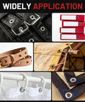 All In One Grommet Kit With 3/8 Inch Eyelets And Handheld Pliers 500 Pcs showing applications on belts, tarps, binders, curtains, and straps.