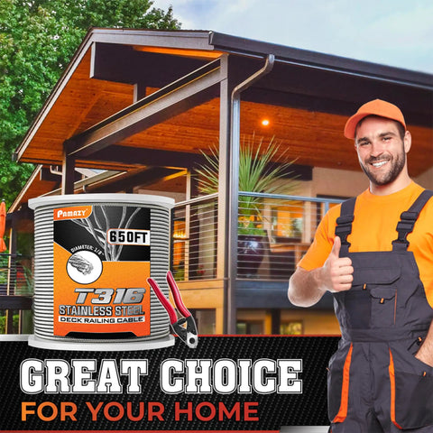 Beefy Workhorse 650ft 1 Eighth Inch T316 Stainless Steel Deck Cable Railing Kit with Cutter and Gloves showcased in front of a house