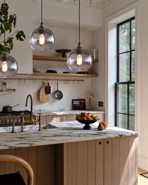 Globe Pendant Lights Set of 3 Hand Blown Glass With Clear Seeded Bubbles above kitchen island, brushed nickel canopy