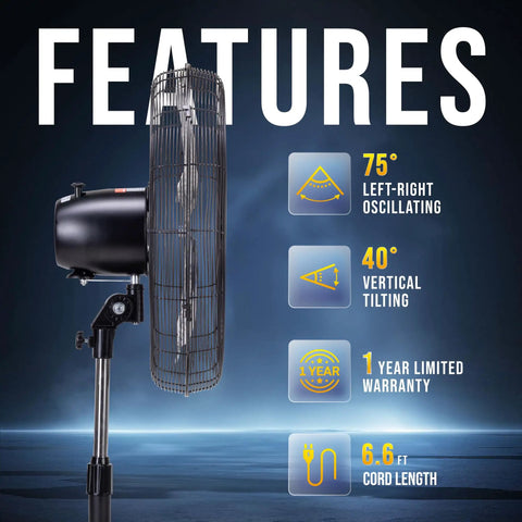 Side view of Beast 20 Inch Oscillating Pedestal Fan With Adjustable Height For Industrial And Commercial Spaces, 75-degree oscillation