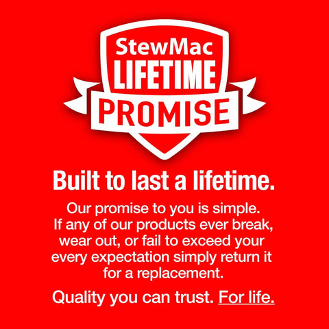 StewMac LIFETIME PROMISE sign on red background with warranty text and built to last message