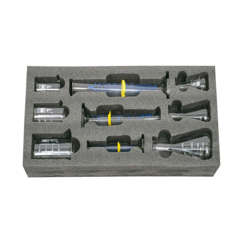 Nine Piece Lab Glassware Set Made From Borosilicate 3 Point 3 Glass Includes Beakers Erlenmeyer Flasks And Graduated Cylinders in foam tray