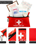Small 166 Piece Emergency First Aid Kit in red pouch with supplies for outdoors, camping, auto, home, workplace use.