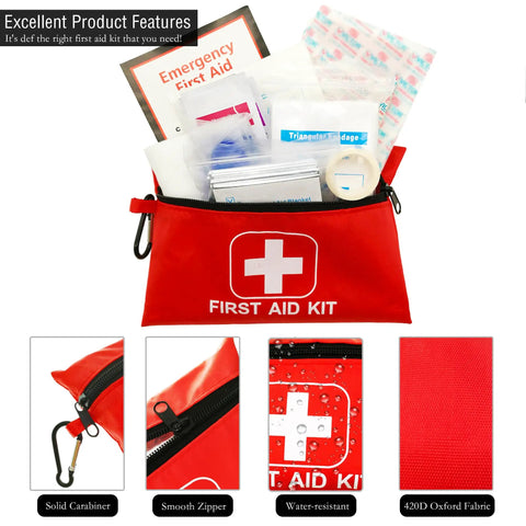 Small 166 Piece Emergency First Aid Kit in red pouch with supplies for outdoors, camping, auto, home, workplace use.