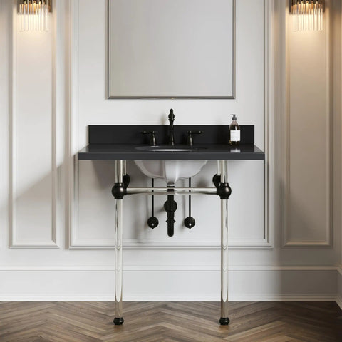 Heritage Widespread Lavatory Faucet with Solid Brass Construction in Oil Rubbed Bronze Finish on a modern sink setup