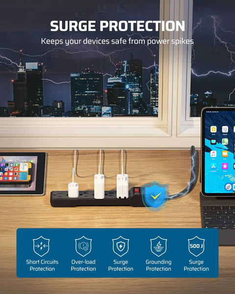 2 Pack Heavy Duty Power Strips Surge Protector With 15 Ft Extension Cord 6 Outlets Per Strip on desk with devices