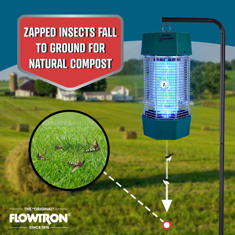 Beefy Two Acre Outdoor Bug Zapper with Dual Lure, 120W UV Light and Octenol Attractant in a field setting, Made in USA