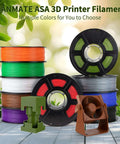 Colorful ASA 3D printer filament spools with printed fan and structure on display; multiple spools in vibrant colors.