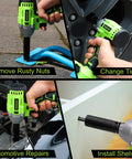 Cordless One Half Inch Impact Wrench Kit With 300 Foot Pounds Torque used for changing tires and automotive repairs.