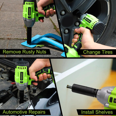 Cordless One Half Inch Impact Wrench Kit With 300 Foot Pounds Torque used for changing tires and automotive repairs.